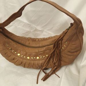 Elliot Lucca tan studded pleated leather hobo bag with tassel